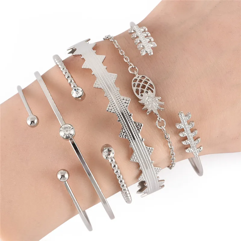 6 шт./компл. богемный винтажный резной браслет с геометрическим рисунком листьев