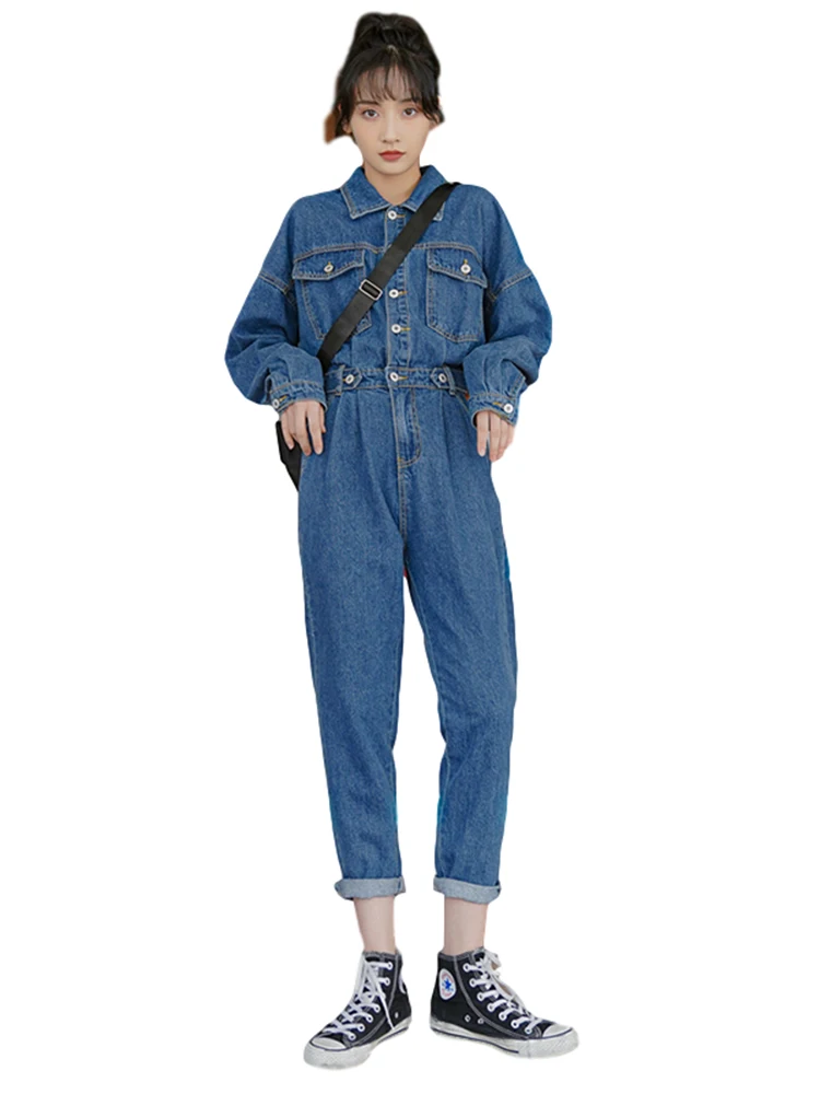 

Spring Autumn New Fashion Tooling Suit Casual Loose Long-Sleeved Denim Jumpsuit Overalls