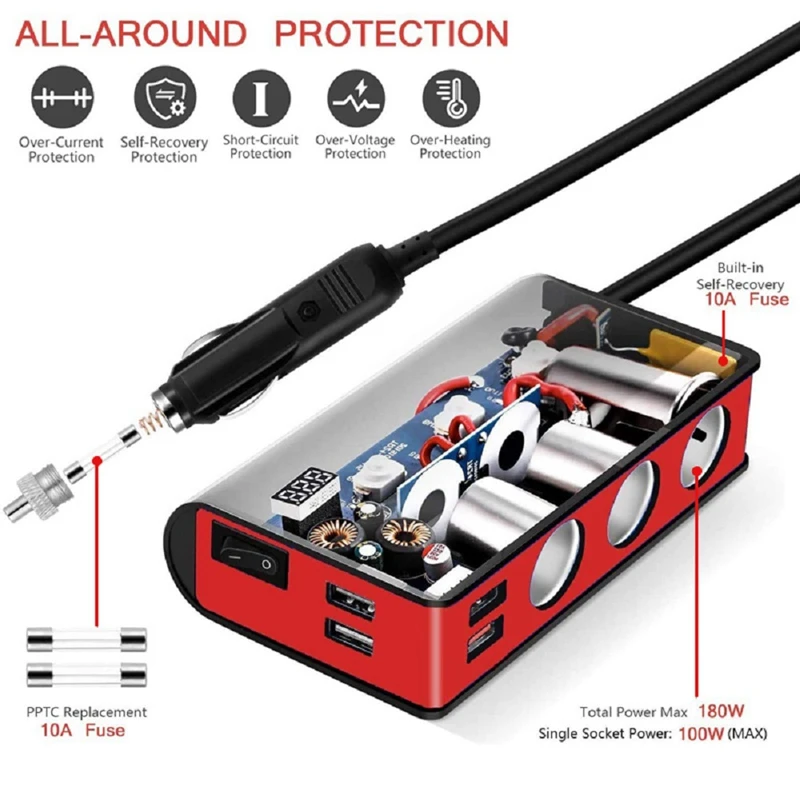 

Quick Charge 3.0 USB Car Charger C-Igarette Lighter Splitter Adapter 12V/24V Power Socket with LED Vol Power Switch
