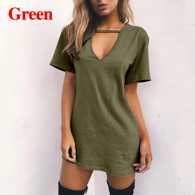 

Women Tshirt Dress Choker Deep V-neck Summer Dresses Mini T-Shirt Dress Short Sleeve Ladies Casual Sexy Clothing Dropshipping