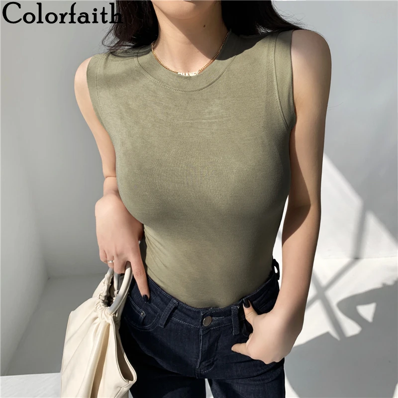 

Colorfaith, новинка 2021, женская летняя футболка, одноцветная, 6 цветов, базовая, без рукавов, модные, дикие, сексуальные, женские короткие топы, T0939