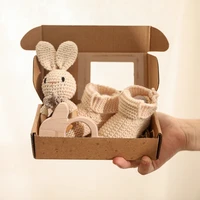 3pcsset baby rattle rabbit hand crochet shoes set for 0 12 months newborn wooden animal teether toys for baby birth gift set