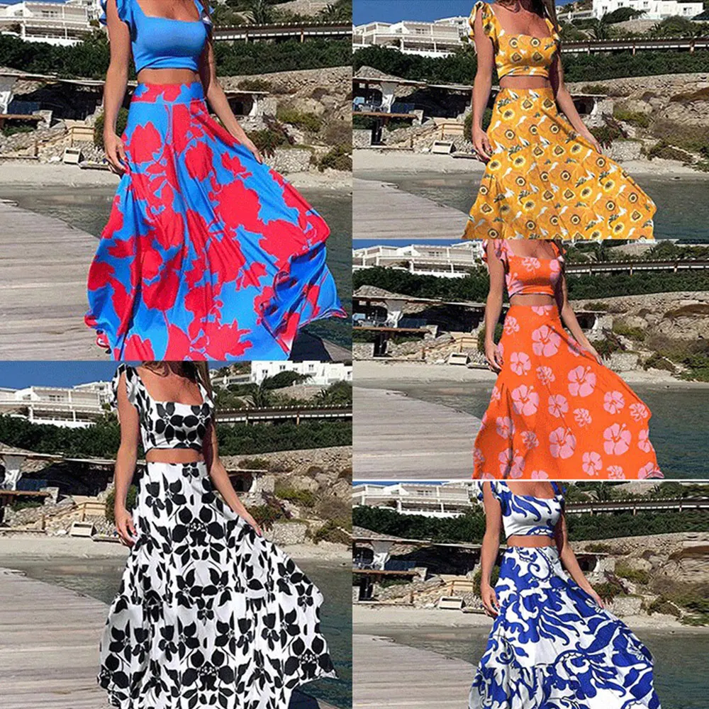 

Gentillove Ruffles Sleeveless Beach Printing Square Collar Off Shoulder Backless Summer Bohemia Women Elegant Sexy Long Dress