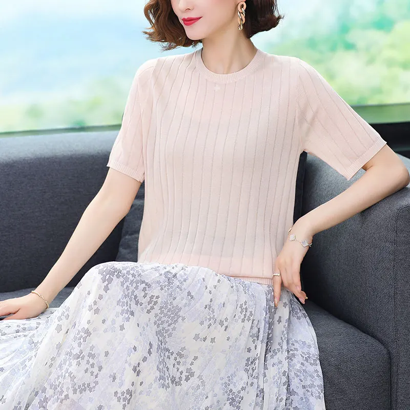 

Ice silk knit female summer joker cultivate one's morality dress with short sleeves T-shirt pure color brief paragraph coat thin