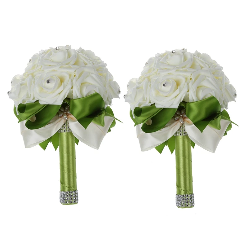 

2X Beautiful Wedding Bouquet Bridal Bridesmaid Flower artificial flower rose bouquet white bridal bouquets-Green Ribbon