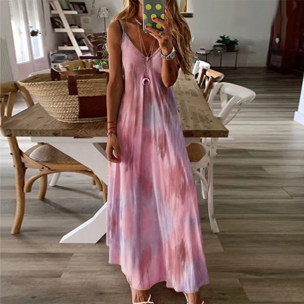 Женское повседневное пляжное платье с принтом Свободное длинное V-образным