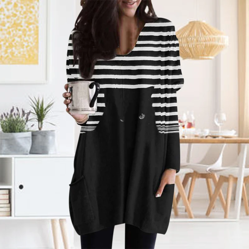 

Autumn Winter Striped Round Neck Pullover Sweatshirt Loose Long Sleeve Casual Long Top Women BMF88