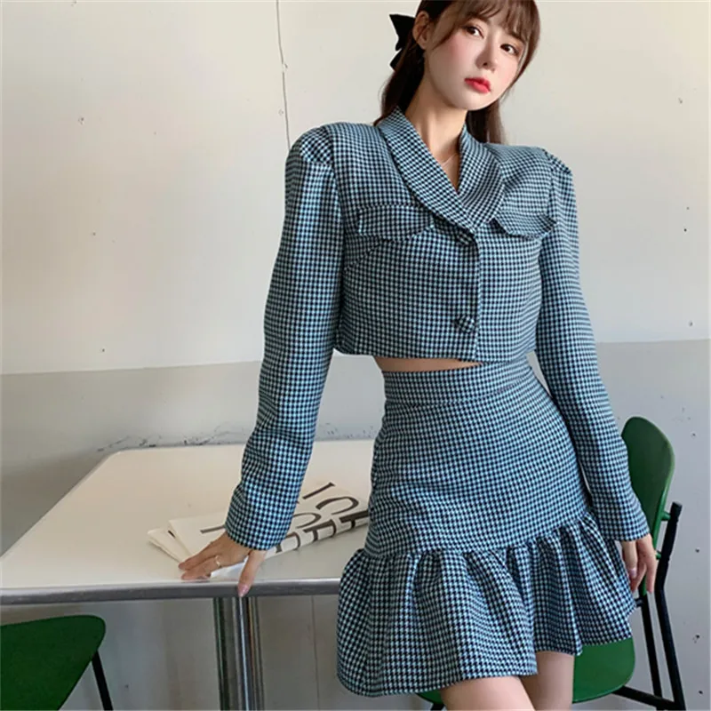 

Женский костюм из двух предметов, винтажный однобортный короткий Блейзер в клетку и облегающая юбка с завышенной талией в уличном стиле, Ос...