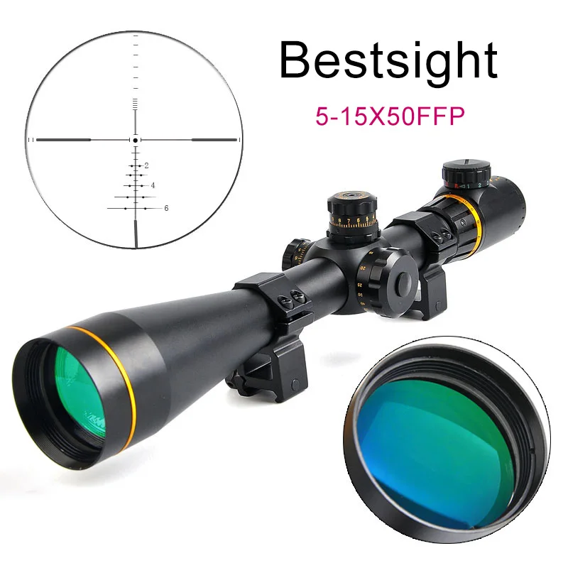 

Bestsight 5-15x50 FFP Golden Optics Scope with Red Green Sight Side Parallax Hunting Scopes for Airsoft Sniper Rifle