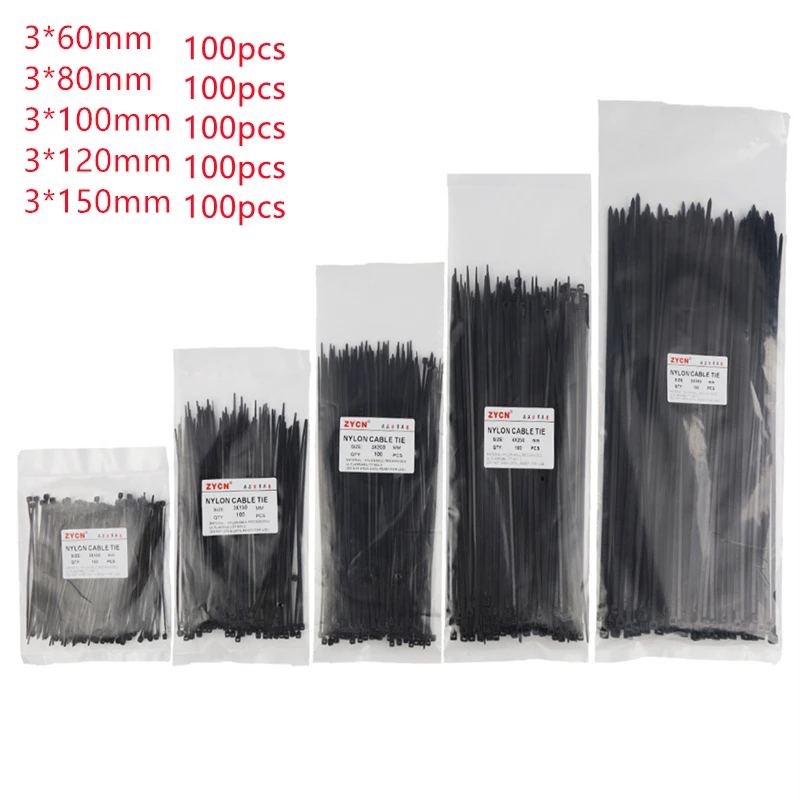 

Free Shipping Self-Locking Nylon Cable Ties Set Width 3 x60/80/100/120/150mm Assorted Black Plastic Zip Loop Wire Wrap 500pcs