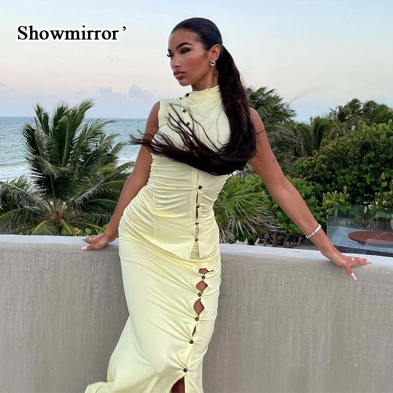 

Showmirror модный сексуальный однотонный однобортный Топ и длинная юбка комплект из двух предметов для женщин однотонный Тонкий пляжный компле...