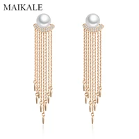 maikale trendy tassel chain long earrings with pearls gold cubic zirconia hanging dangle pearl earrings for women jewelry