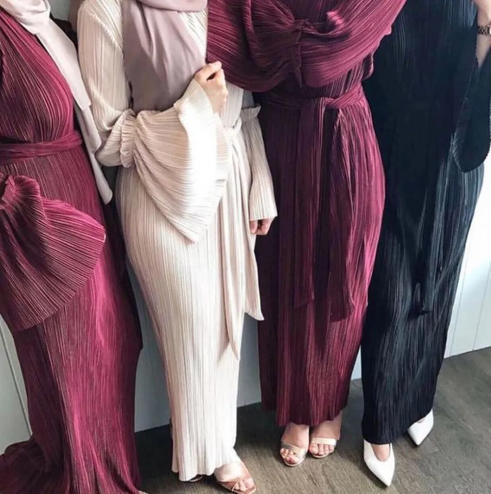 Платье женское Плиссированное с поясом, модное однотонное приталенное платье в стиле мусульманской Абайи, Турция, ислам, Саудовская Аравия