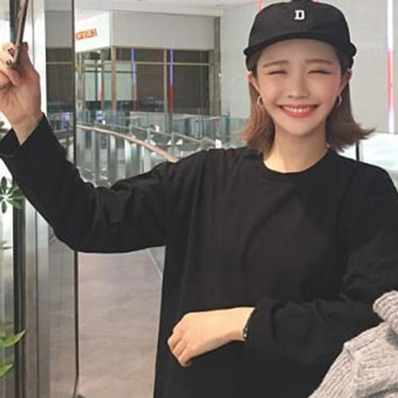 Женская свободная футболка с длинным рукавом повседневная Однотонная круглым