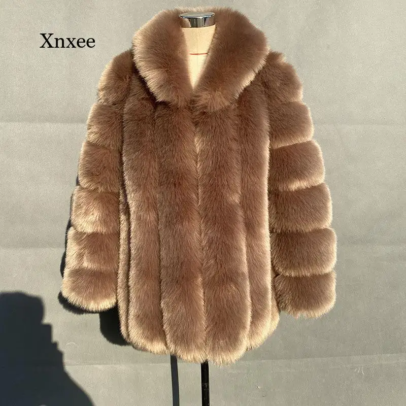 Winter Women's Fashion and Elegant Lapel Faux Fox Fur Coat Long Large Size Thick Warm Fluffy Faux Fur Coat