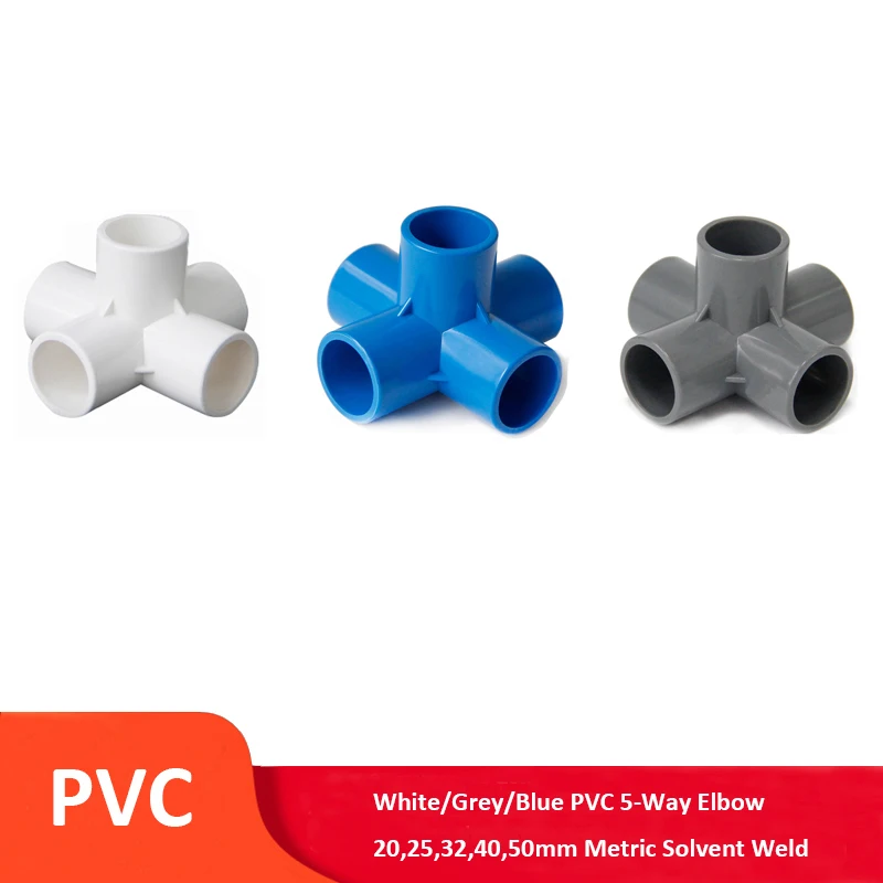 

PVC 5-Way Elbow Connector 20mm,25mm,32mm,40mm,50mm Metric Solvent Weld Pressure Pipe Fittings Aquarium Pond Pool Garden DIY