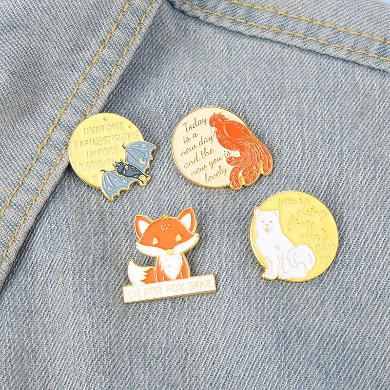 Adorable Animal Enamel Pins Quotations Monologue  Fox Bat Dog Bird Bag Brooches Lapel Badge Cartoon Jewelry Gift for Kids Friend