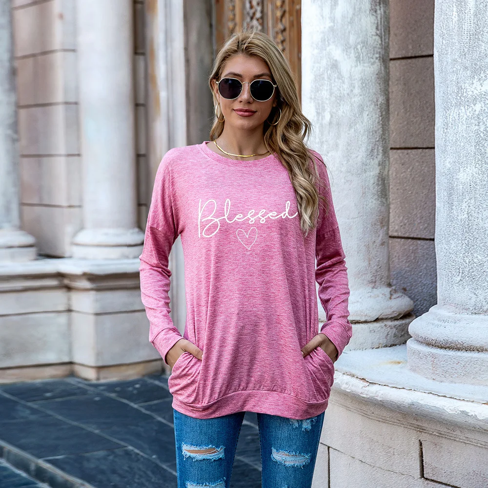 

Blessed Letters Print Women Tshirt Cotton Casual Funny T Shirt for Lady Autumn Long Sleeve Girl Top Graphic Tees Women Hipster