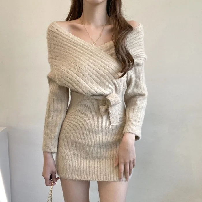 Korean Chic Autumn Cross V-neck Drop-Shoulder Long-Sleeve Lace-up Waist-Controlled Sweater Miniskirt Dress | Женская одежда
