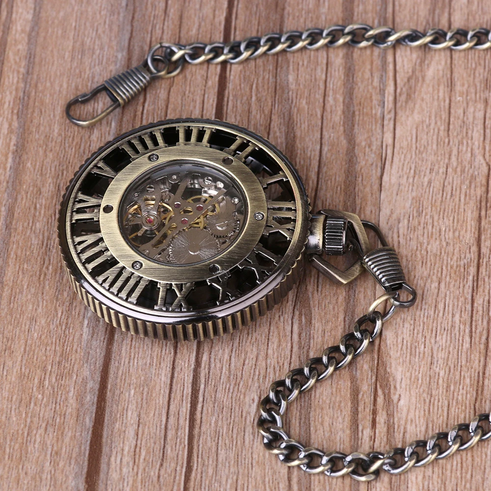New Unique Hand Winding Mechanical Pocket Watch Chain Fashion Bronze Skeleton Carving Men Watches Christmas Gift