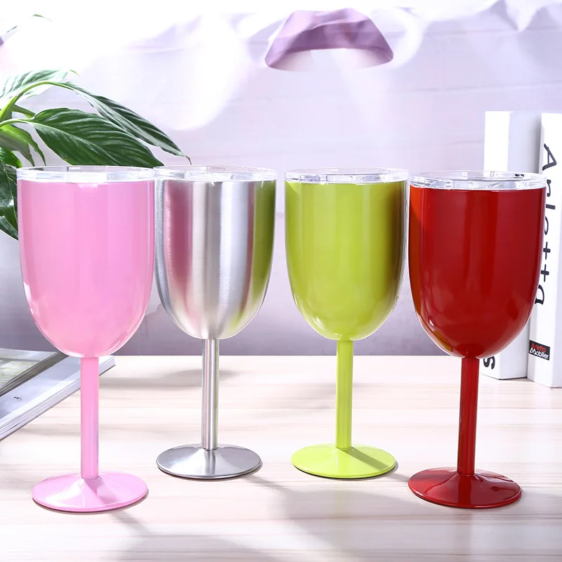 

10oz Vacuum Stainless Steel Double Wall Insulated Wine Cup Cocktail Wine Glass Goblet Wine Cup Juice Drinks Mug with Lid