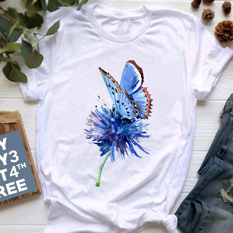 

Summer Blue Butterfly Print Tshirt Women Harajuku Ulzzang tops loose white Tshirt female plus size T-shirt Short Sleeve Tee Tops