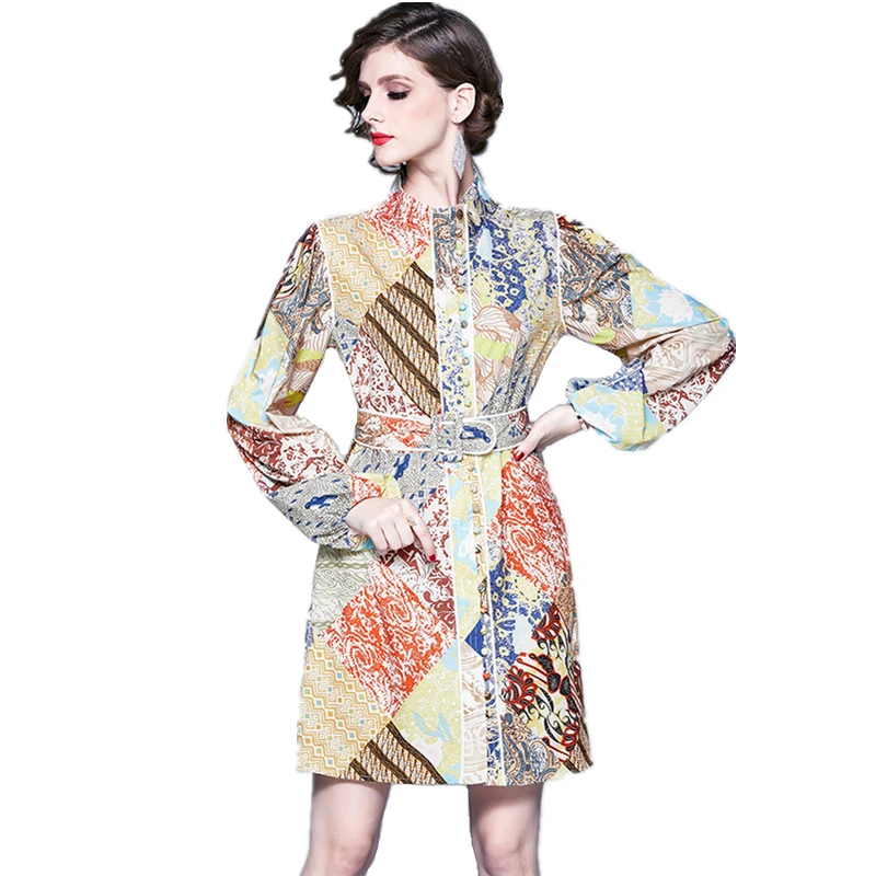 

2021 New Spring Autumn Women Stand Collar Long Sleeve Mini Dress High-end Custom Retro Print Runway Dress Send The Belt
