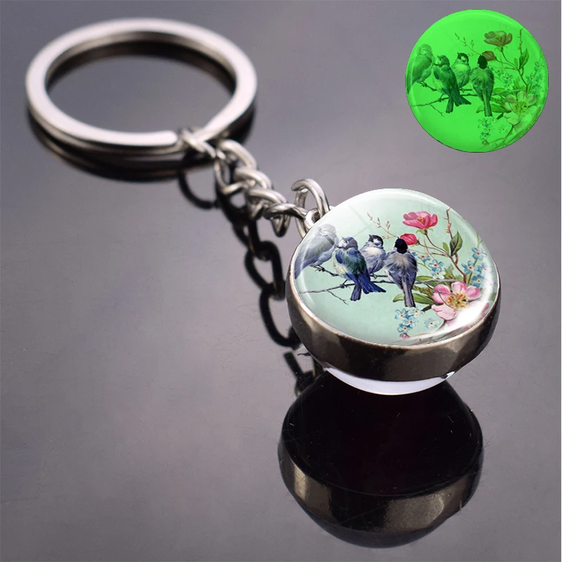 Брелок со светящимися синими птицами на ветке стеклянный шар светящийся