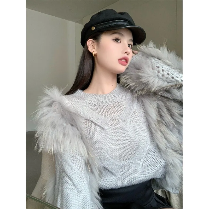 

Furry Women Clothes 2021 Korean Fashion Knitted Pullovers Autumn Winter Loose O-neck Grey Sweaters Plus Size Jumpers New