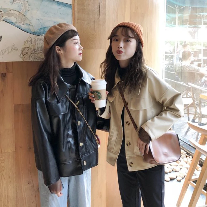 Куртка женская из искусственной кожи осенняя черная свободная 2020 | Женская