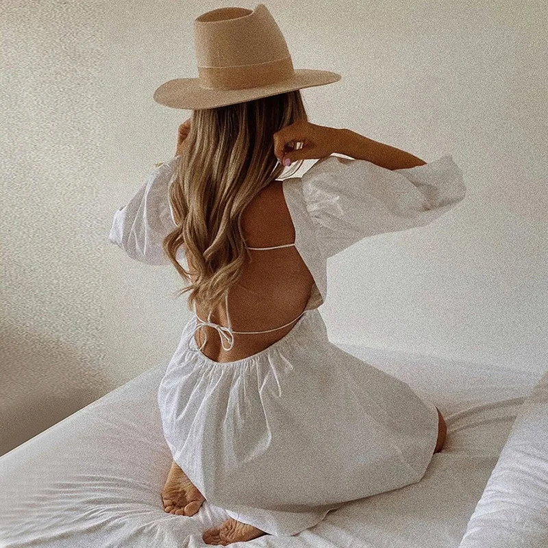 

WFF Women Summer Dress Summer Fashion White Elegant Puff Sleeve Backless Party Beach Dress Vacation Casual Mini Dress Sexy Dress