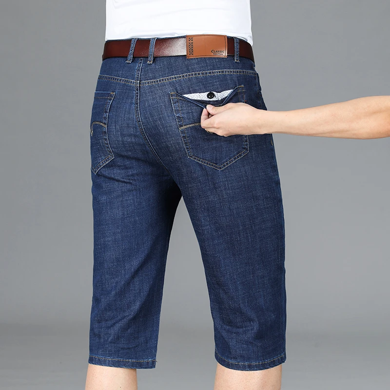 

High Quality Men'S Ice Silk Thin Denim Shorts Business Casual Loose Straight-Leg Stretch Five-Point Jeans Male Brand Slim Pants