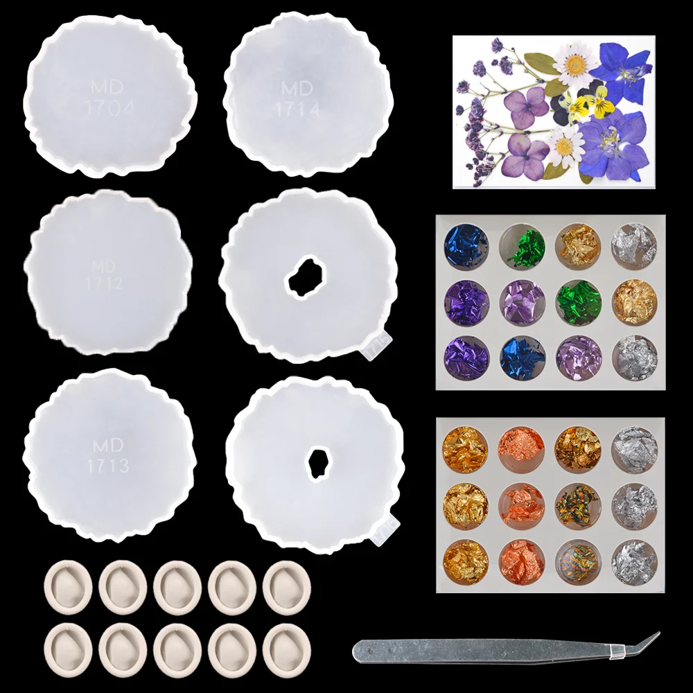20 PCS Coaster Molde Silicona Set Cup Mat Tray Moule Silicone Resine Epoxy With Dried Flowers Tweezers Gold Foils UV Resin Kit