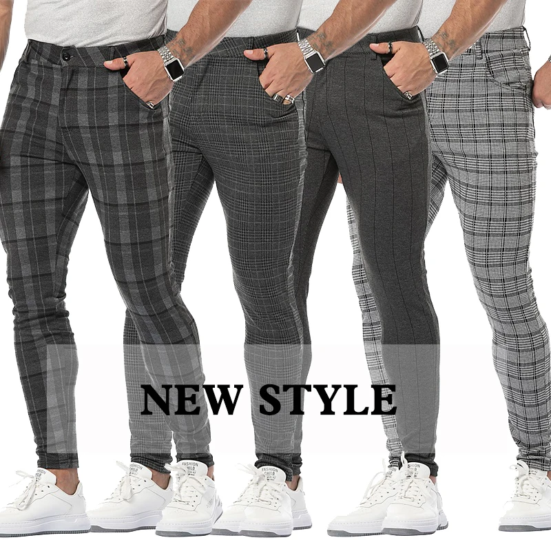 Casual Mens Chinos Cotton Slim Fit Men Pants Trousers Skinny Chinos Pants Grey Ankle Length Streetwear Plaid Side Stripe Pants