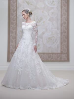 fashion lace appliques with beading a line fabric dropped waist wedding dresses 2019 vestido de noiva long sleeve wedding dress