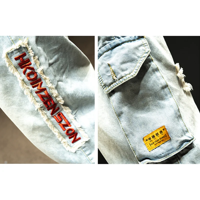 

Jeans Men Red Letter Embroidery Ripped Patchwork Hole Harem Denim Pants Fashion High Street Cargo Trousers Streetwear