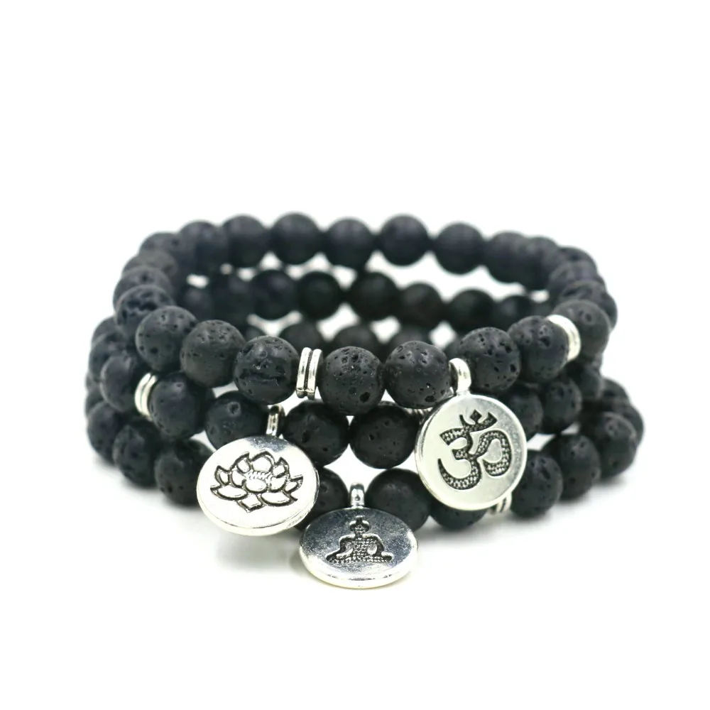 Природный Вулканический камень бусинки античные с золотой Лотос Будда браслет OM