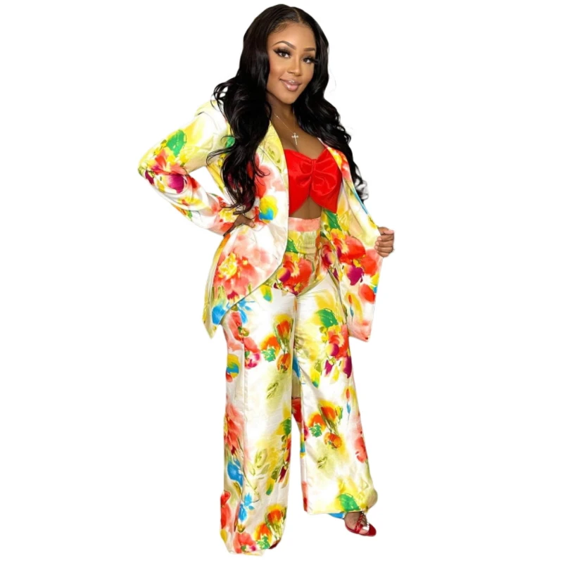 

Flower Floral Printed Two Piece Set Blazer And Wide Leg Pants Matching Sets Work Wear Office Lady Elegant Outfits Loose Autumn