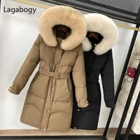 lagabogy 2021 new winter women real fox fur long hooded 90 white duck down jacket thick warm parkas female windproof coats belt