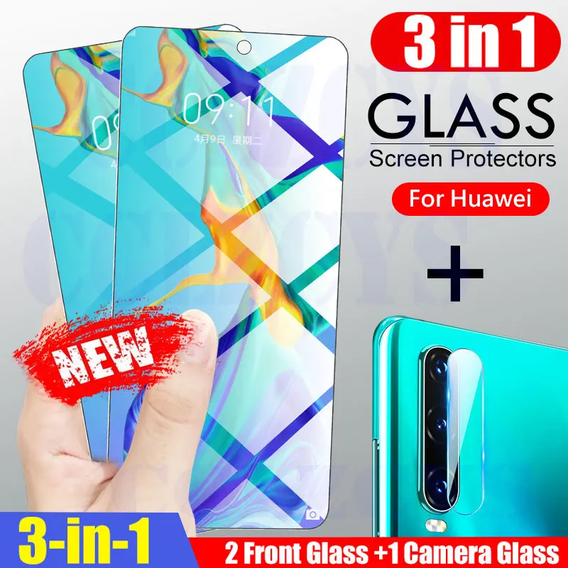 3 в 1 полное покрытие закаленное стекло для Huawei P30 P40 Lite P20 Pro P Smart Z 2019 Защитное