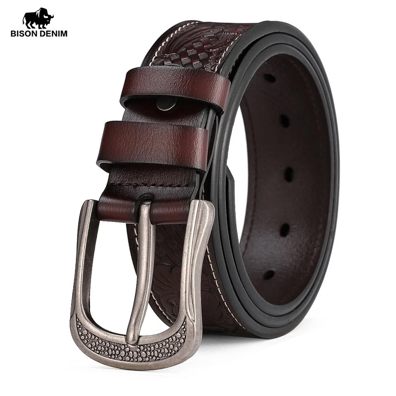 BISON DENIM Men's Belt Cow Genuine Leather Pin Buckle Leather Belt High Quality New Fashion Luxury Strap Male Belts W70253