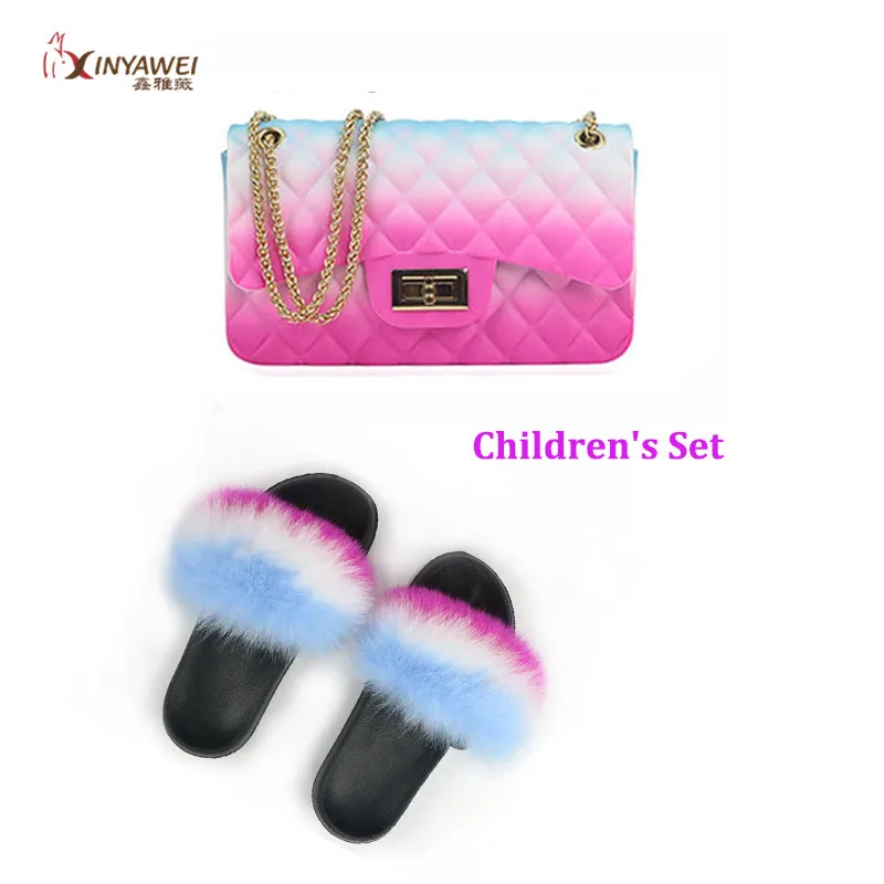 

100% real fox fur slippers for kids, rainbow shoes, cute fur thongs, girl travel shoes, jelly bag set, fashion bag
