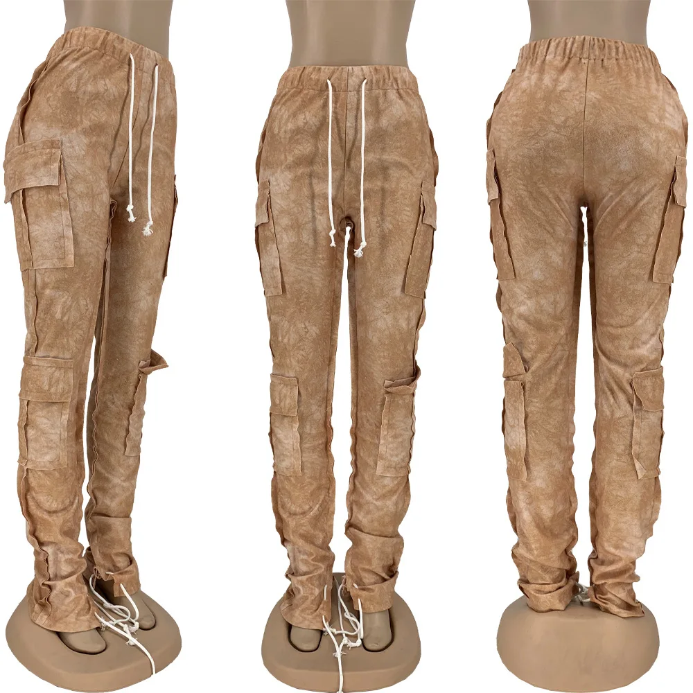 

Fashion Women Cargo Pants High Waist Drawstring Warm Casual Pants Patchwork Pockets Pleated Stacked Printed Pants Casual Street