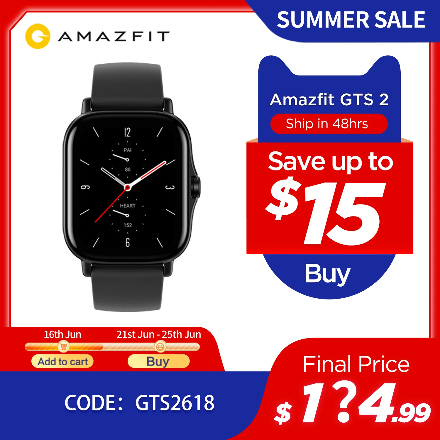  Global Version Amazfit GTS 2 Smartwatch 5ATM Water Resistant AMOLED Display Long Battery Life Smart Watch For Android IOS Phone 