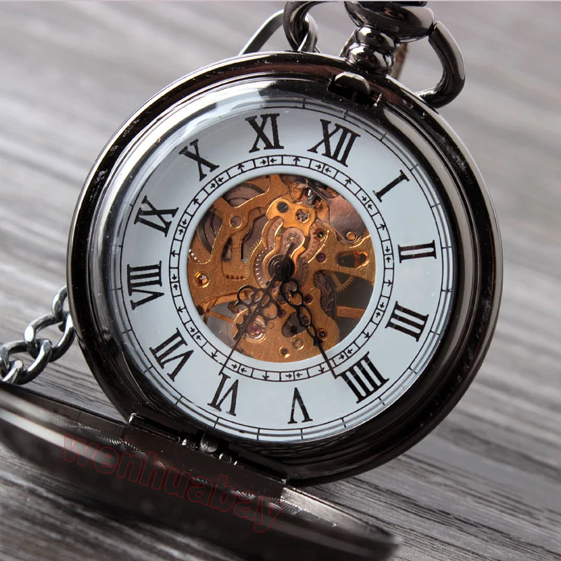 Retro Hand Wind Mechanical Pocket Watch With Fob Chain Mens Hollow Skeleton Dial Black Steel Fashion Quartz Pocket Watch Gifts