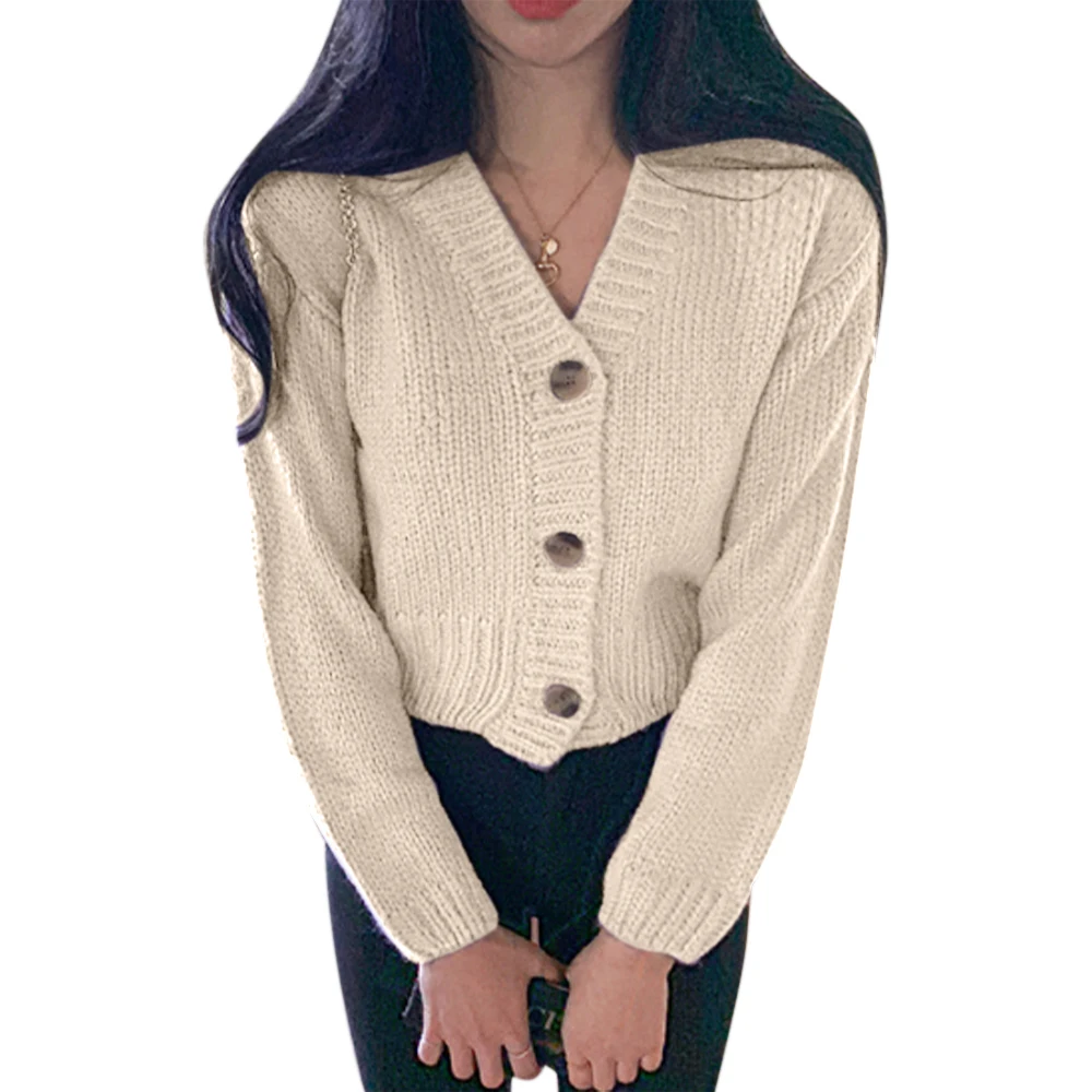 

VICABO Autumn Women Sweater Coats V-Neck Long Sleeve Casual Short Top Clothes Knitted Solid Color Single-Breasted Cardigan
