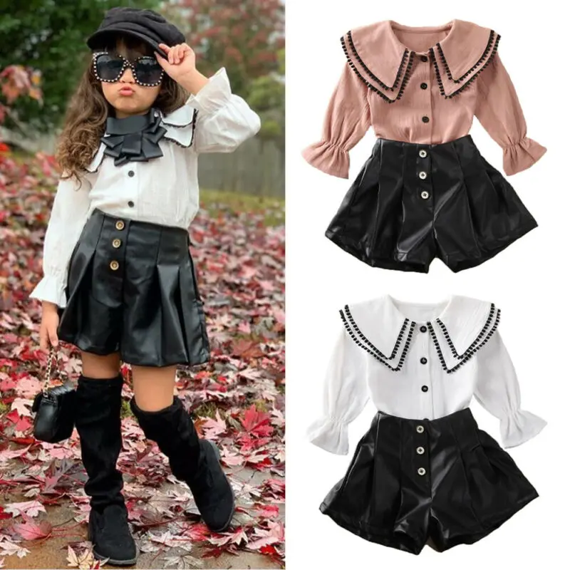 

Toddler Kids Baby Girl Autumn Clothes FLare Sleeve Tassel Doll Collar Shirt Tops Black Button Leather Shorts Summer Outfit 1-6Y