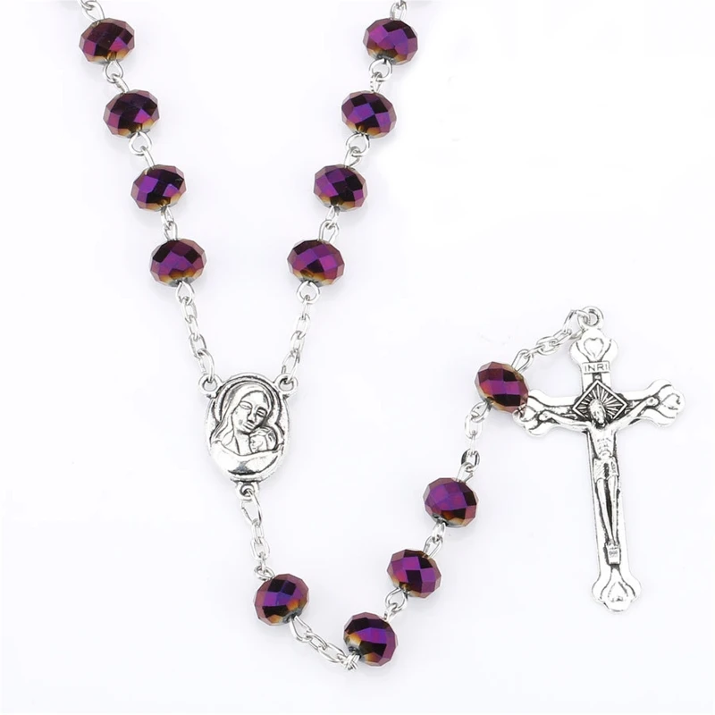 

N7MD, фиолетовые кристаллы, стандартные, католическая дева, святая земля, детский христианский Иисус, крест, ожерелья, религиозные украшения д...