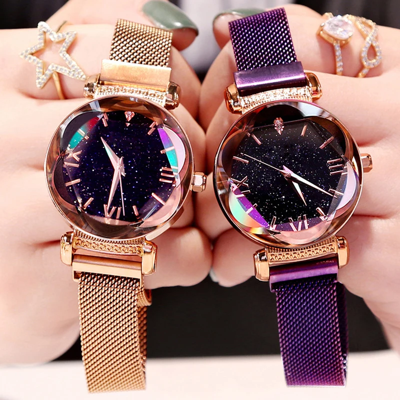 

Starry Sky 2019 Women's Watches Simple Mesh Belt Luxury Ladies Watch Women Party Wrist Watch Romantic Rhinestone Designer saati