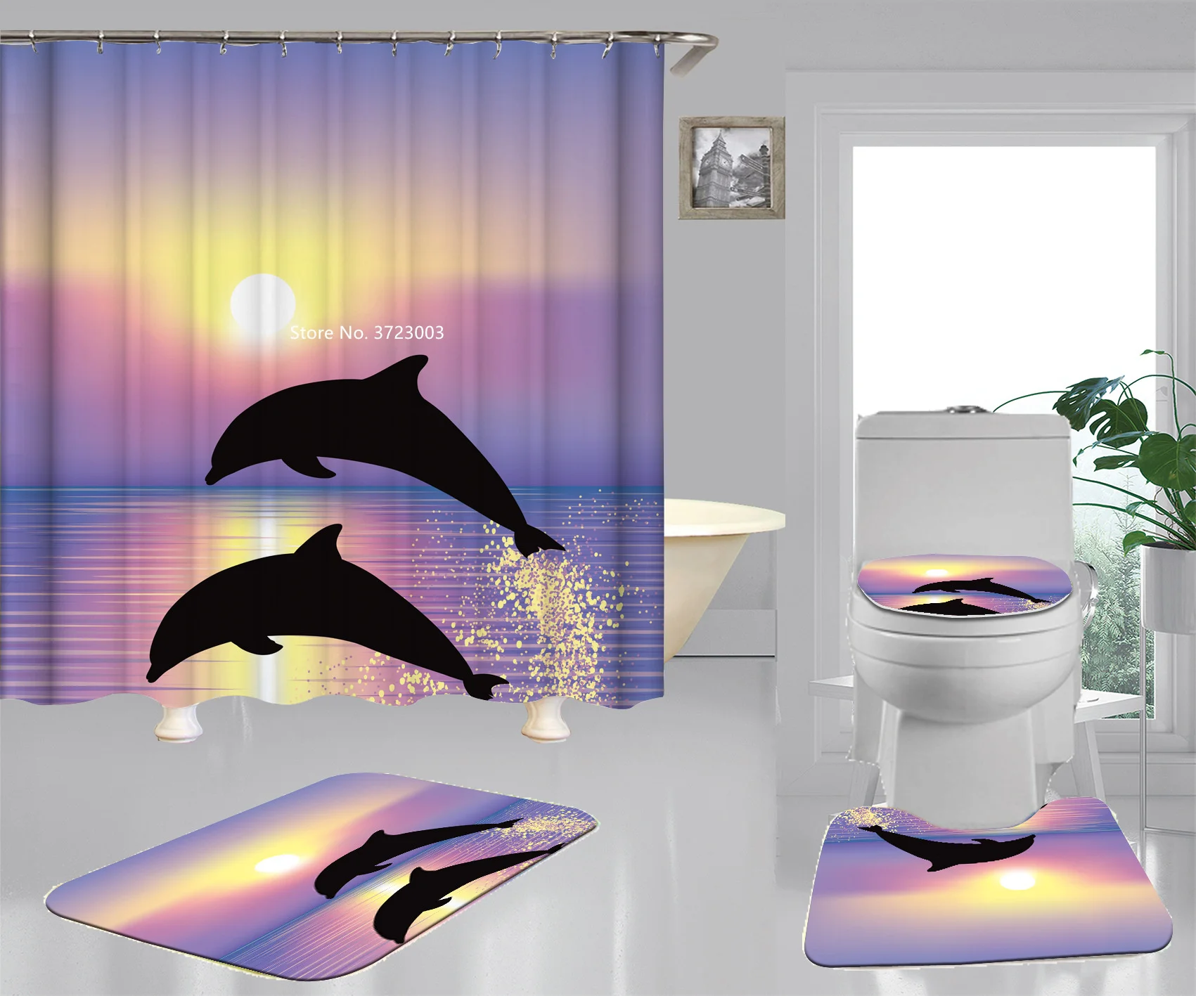 

3D Ocean Digital Print Shower Curtain Fish Dolphin Pattern Waterproof Shower Curtain Bathroom Non-slip Bath Mat Toilet Mat